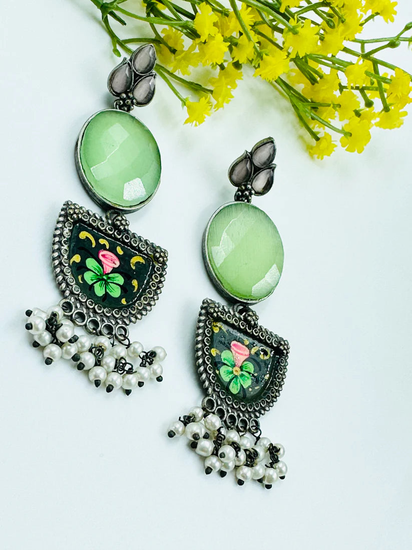 Green Meenakari Oxidised Earrings