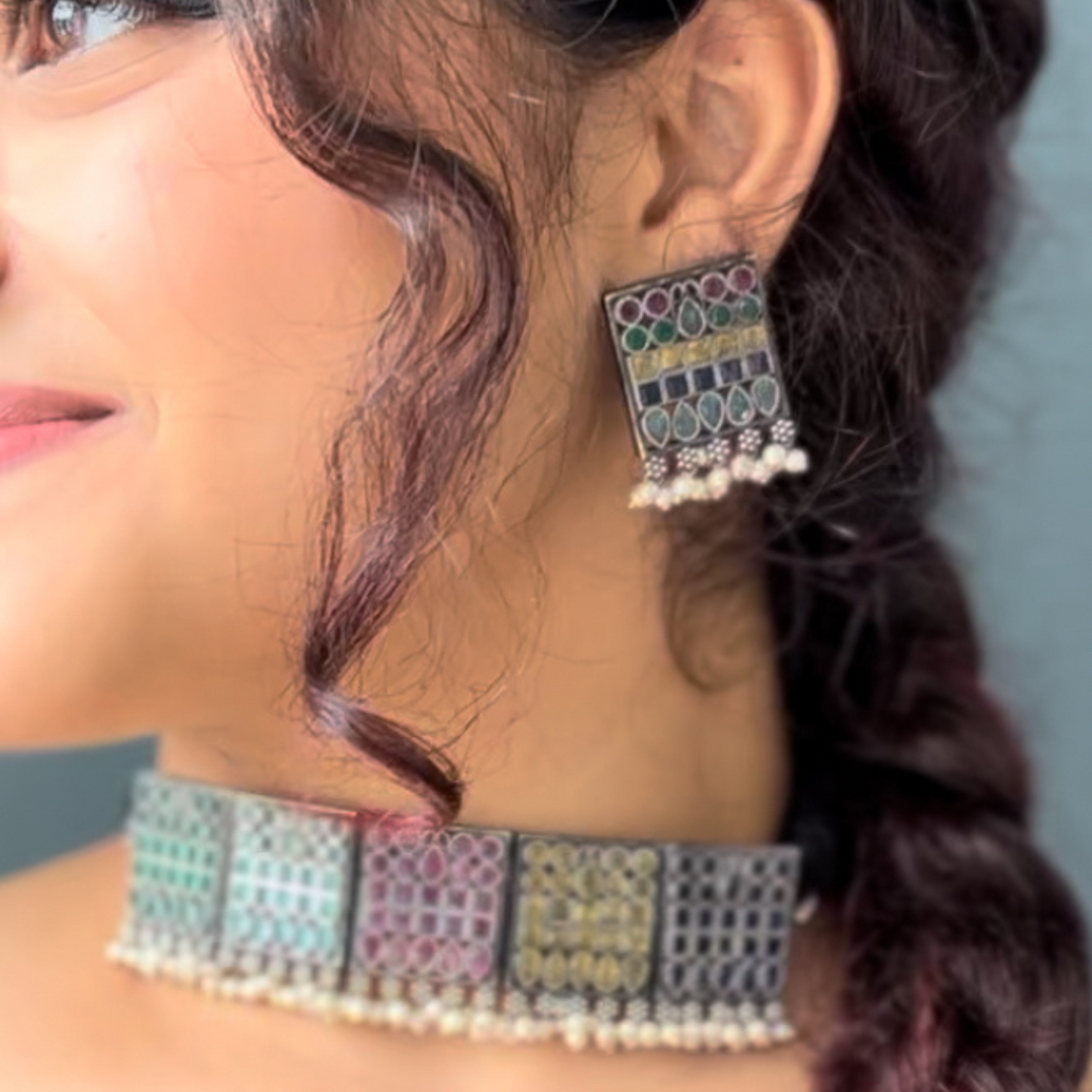 Multicolor Oxidised Choker Set