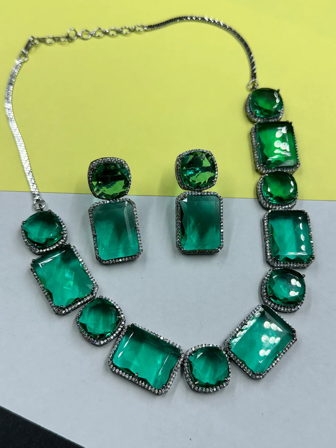 Emerald Glass Stone AD Jewellery Set