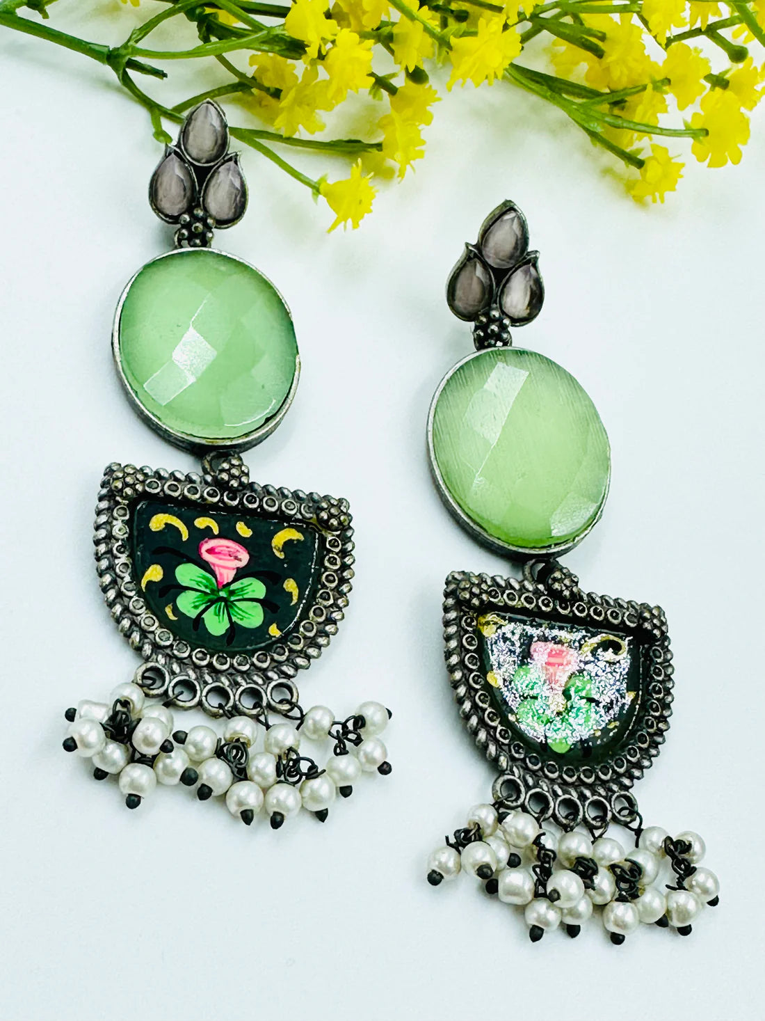 BEAUTIFUL GREEN OXIDISED EARRINGS WITH MEENAKARI WORK