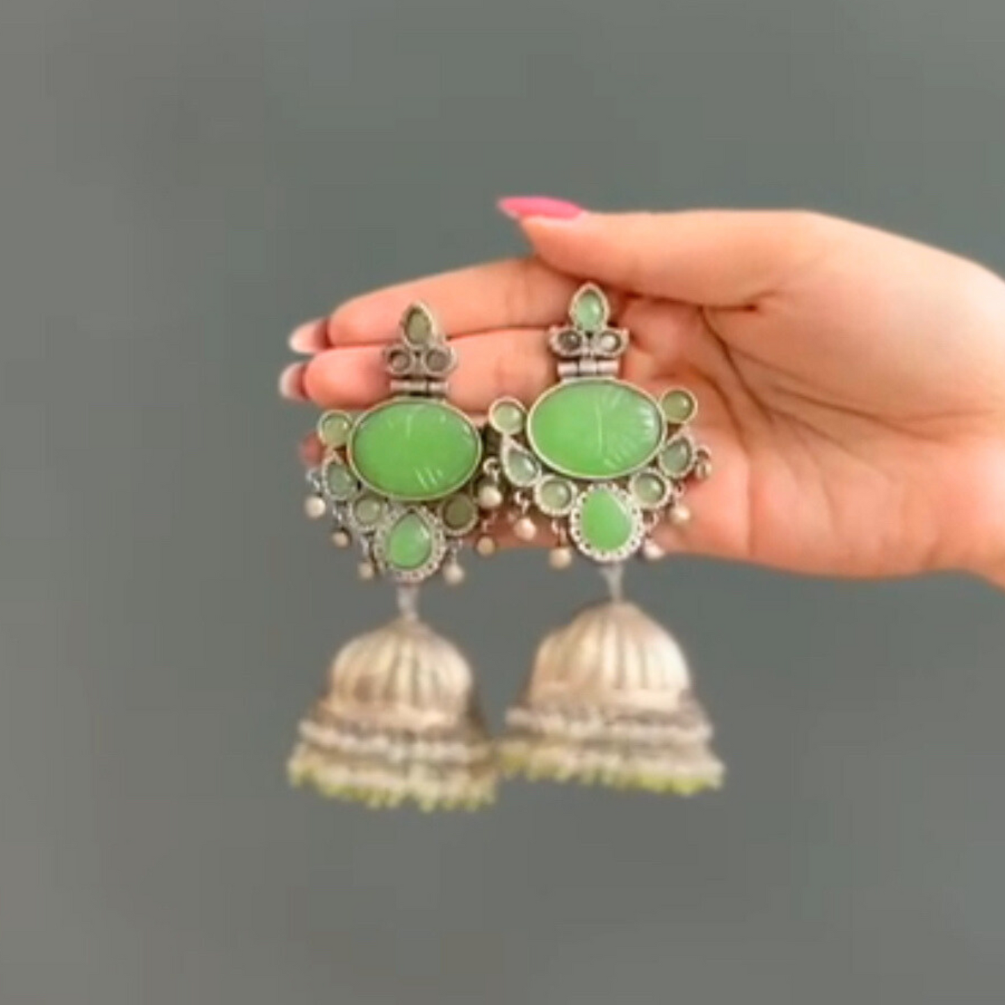 Oxidised Silver Green Stone Jhumka Earrings with Pearl Danglers – Traditional Ethnic Jewelry