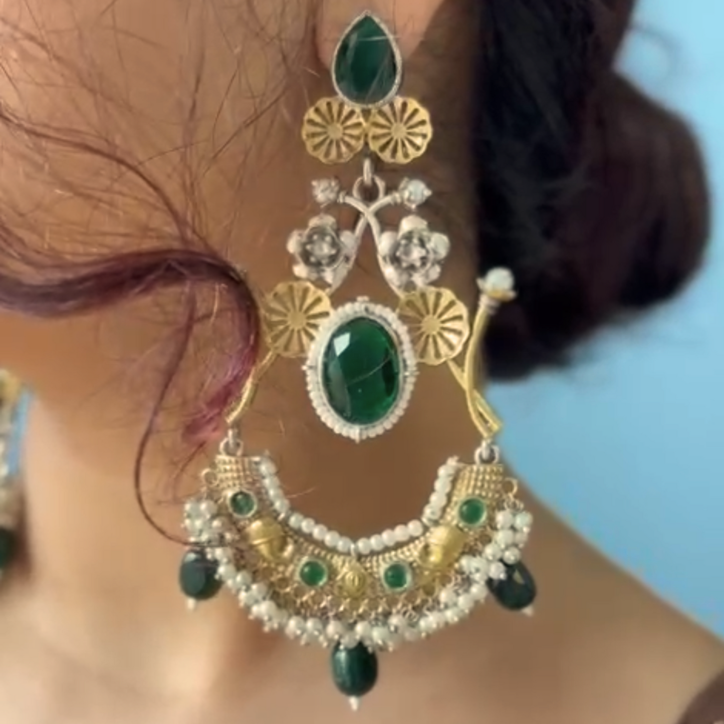 Dual Tone Green Oxidised Earrings