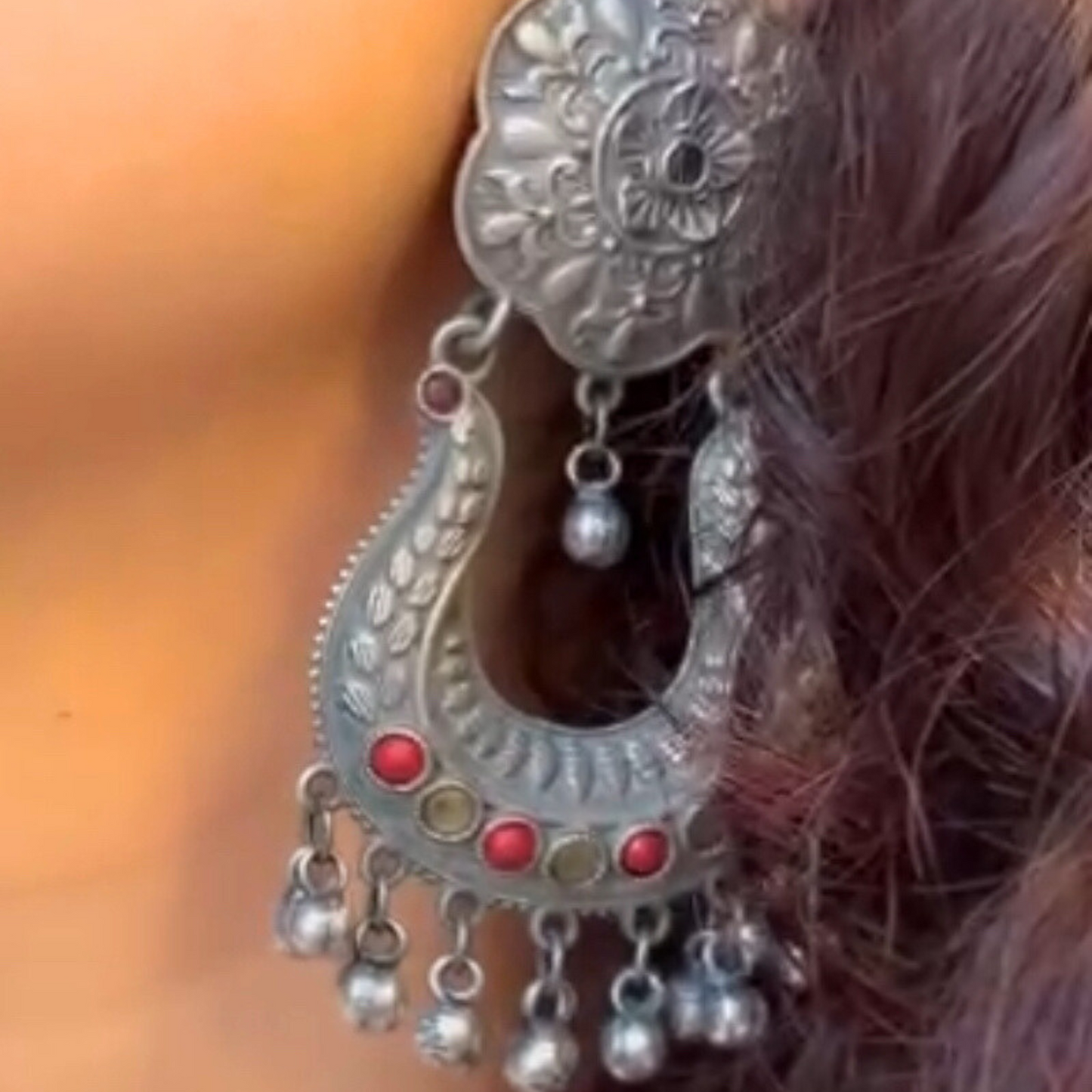 Red Yellow Stone Oxidised Earrings