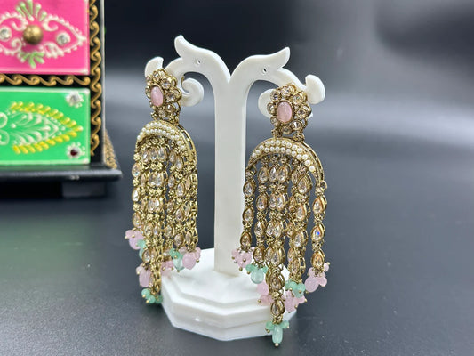 ELEGANT POLKI GOLDEN WITH MULTICOLOR PASTEL BEADS DANGLERS EARRINGS