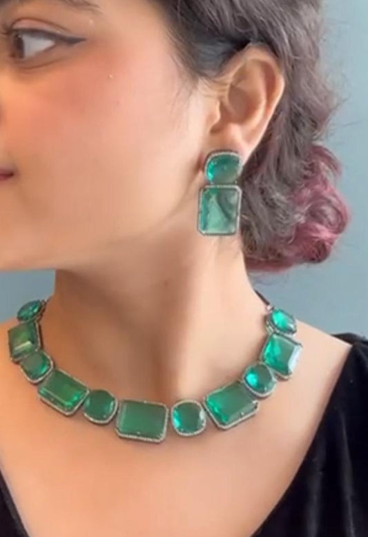 Emerald Glass Stone AD Jewellery Set