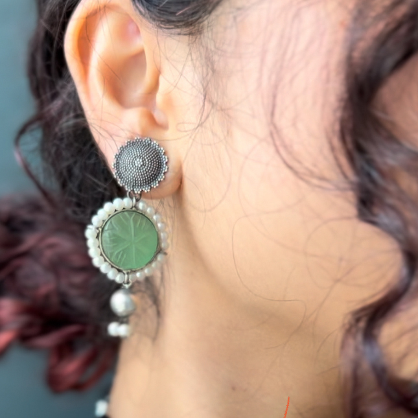 Myrah Elegant Traditional Green Stone and Pearl Studded Oxidized Necklace Set