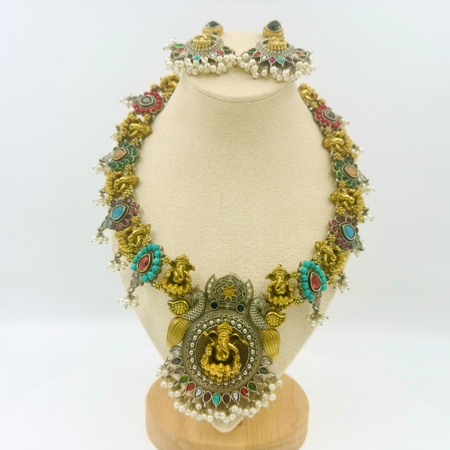 Traditional Treasure Dual Tone Temple Design Oxidized Necklace Set