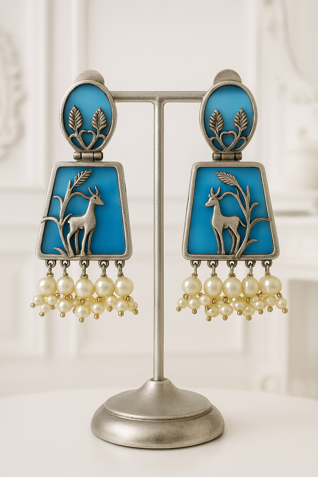 Antique Deer Dangle Earrings with Pearls - Blue Enamel Finish