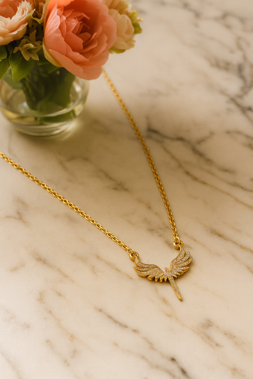 Stainless Steel Angel Wing Pendant Necklace with Cubic Zirconia Crystals, Anti-Tarnish Women’s Jewelry