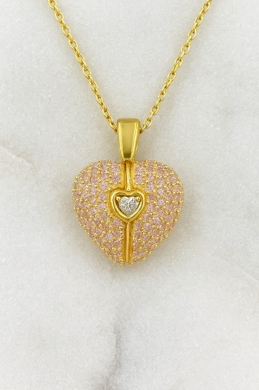 Stainless Steel Pink Pavé Heart Pendant Necklace with Cubic Zirconia Center | Anti-Tarnish Women’s Jewelry