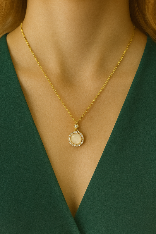 Round Pendant Necklace with Crystal Halo & Mother-of-Pearl Center | Anti-Tarnish Women’s Jewelry