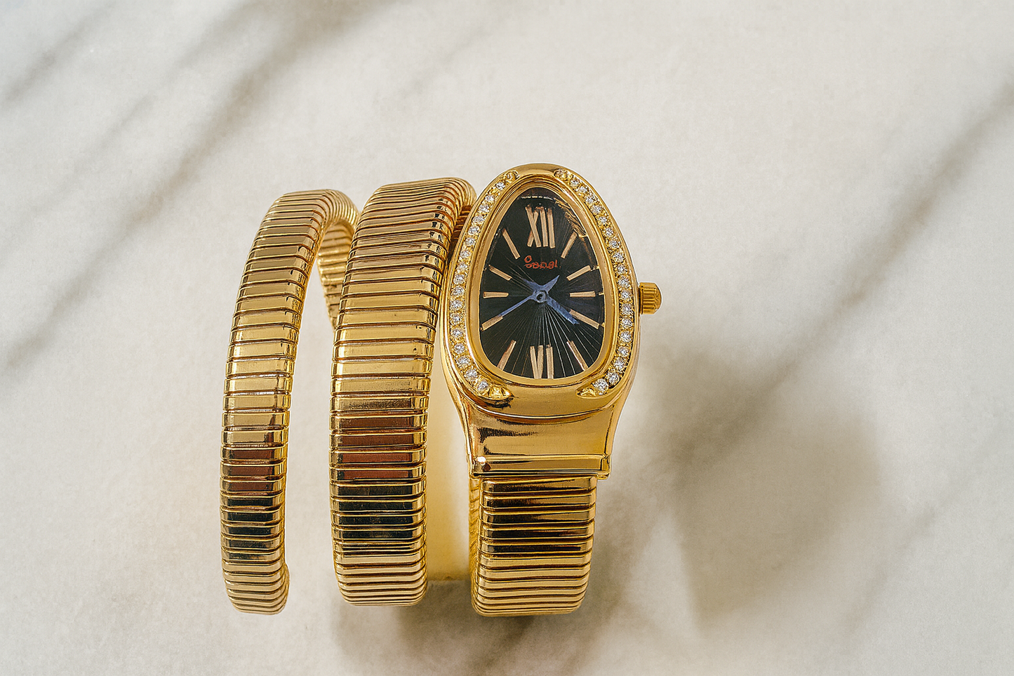 Gold Wrap Bracelet Watch with Black Teardrop Dial & Crystal Bezel | Women’s Fashion Wristwatch