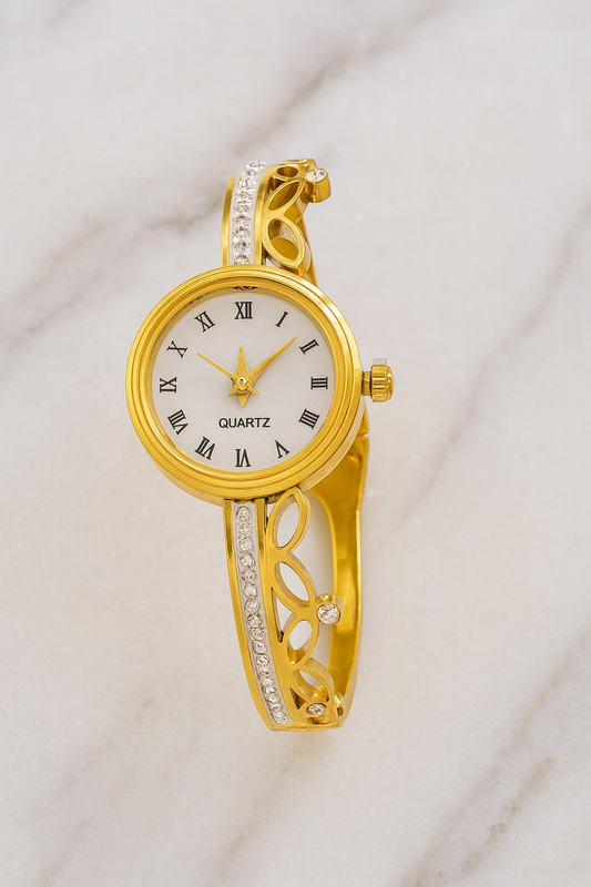 Gold Crown Bracelet Watch with White Roman Dial & Crystal Strap | Women’s Wristwatch