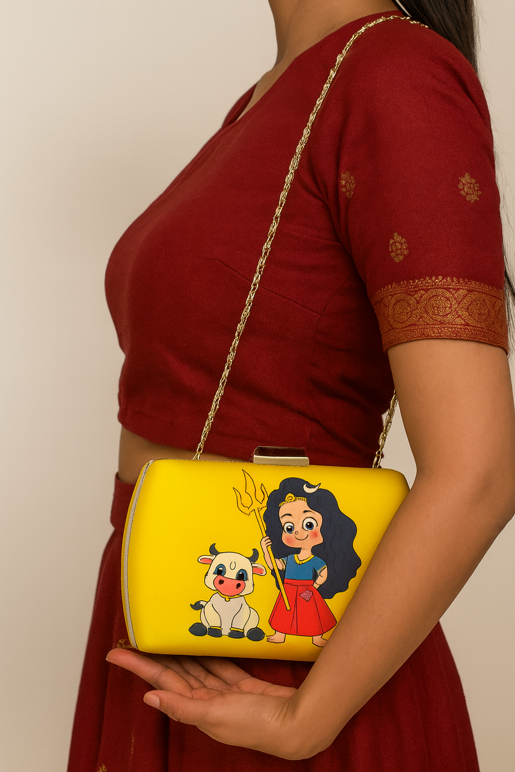 Divine Illustration Satin Clutch with Cow Motif – 7.5 x 4.5 inch Gold Chain Evening & Festive Bag