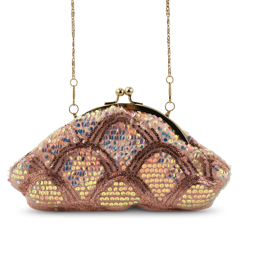 Shimmering Sequin Batua-Style Clutch with Vintage Metal Clasp & Chain Strap – Wedding & Evening Bag