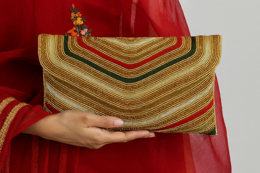 Luxury Hand-Beaded Stripe Clutch in Gold, Red & Green – Wedding, Party & Festive Bag