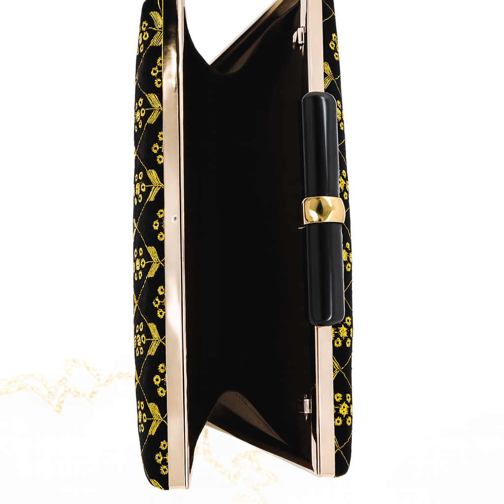 Luxury Black Velvet Clutch with Golden Floral Embroidery & Bar Clasp