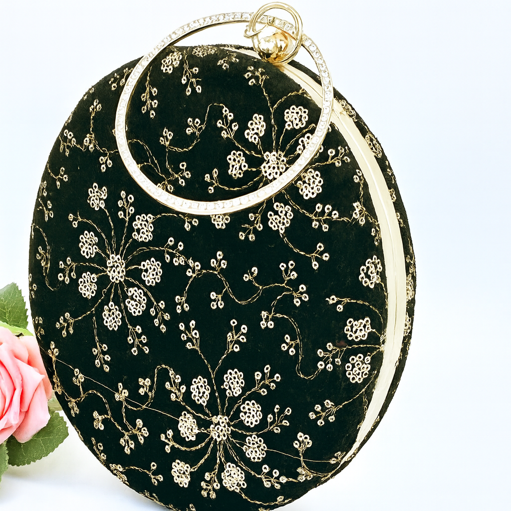 Black Velvet Ring Handle Clutch