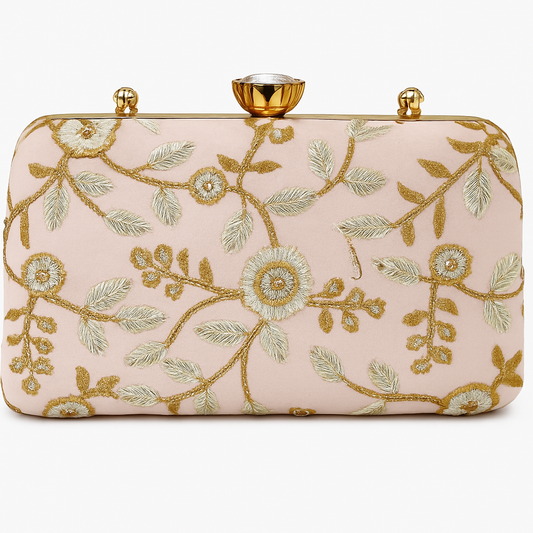 Blush Pink Clutch with Gold Floral Embroidery – Wedding & Party Handbag