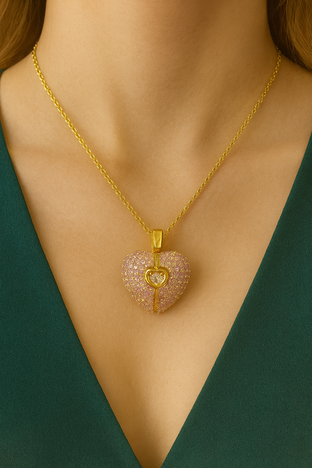 Stainless Steel Pink Pavé Heart Pendant Necklace with Cubic Zirconia Center | Anti-Tarnish Women’s Jewelry