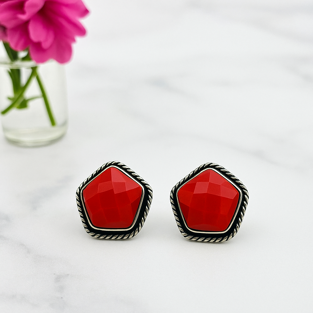 Red Faceted Stone Stud Earrings