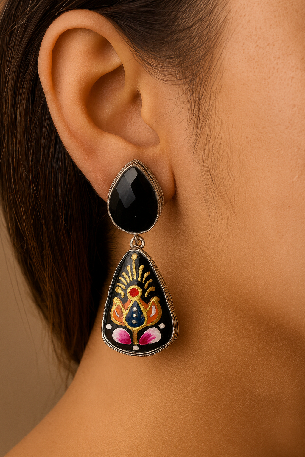 Black Enamel Floral Earrings