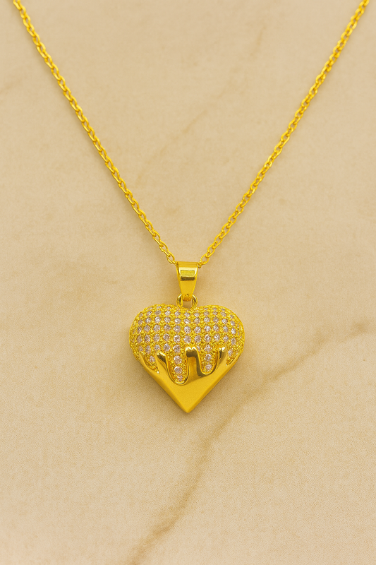 Gold Plated Heart Drip Pendant Necklace with Cubic Zirconia Crystals for Women