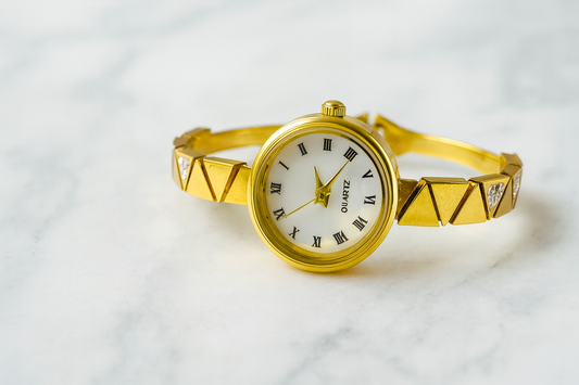 Gold Bracelet Watch with White Roman Dial & Pyramid Crystal Strap | Women’s Fashion Wristwatch