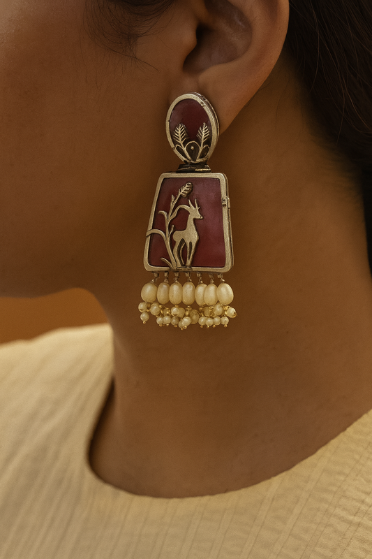 Antique Deer Dangle Earrings with Pearls - Oxidised Red Enamel Finish