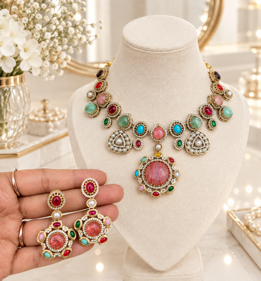 Navratna Floral Pendant Necklace Set