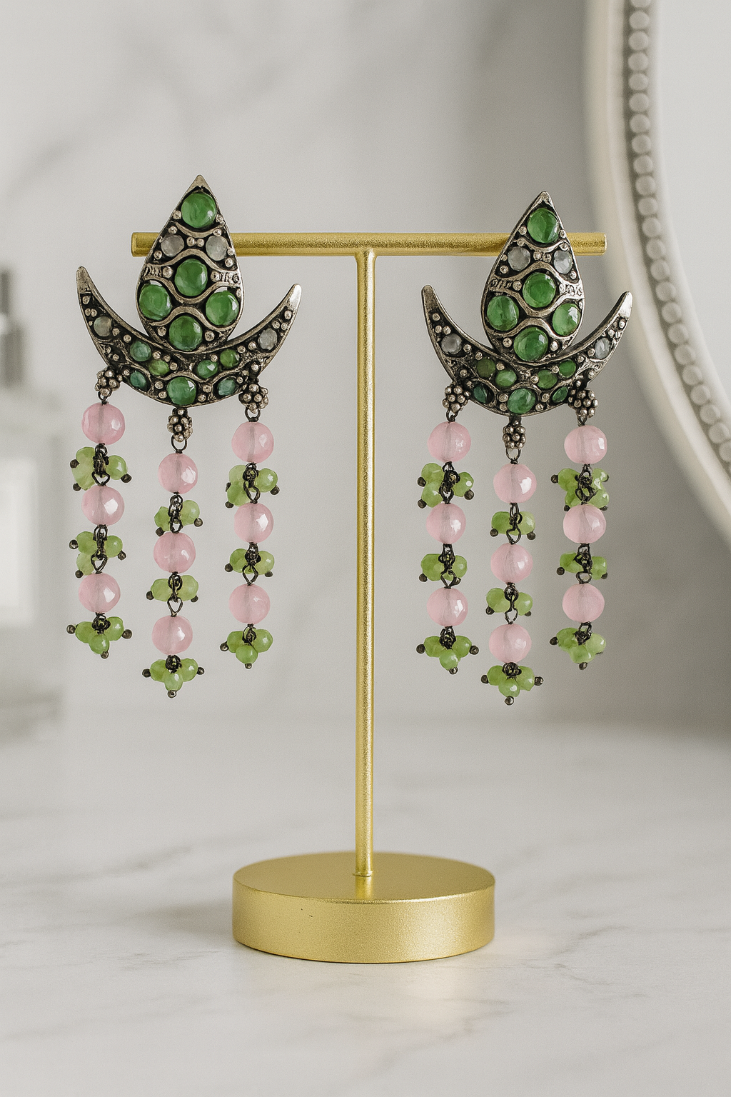 Oxidised Green & Pink Chandbali Earrings with Beads
