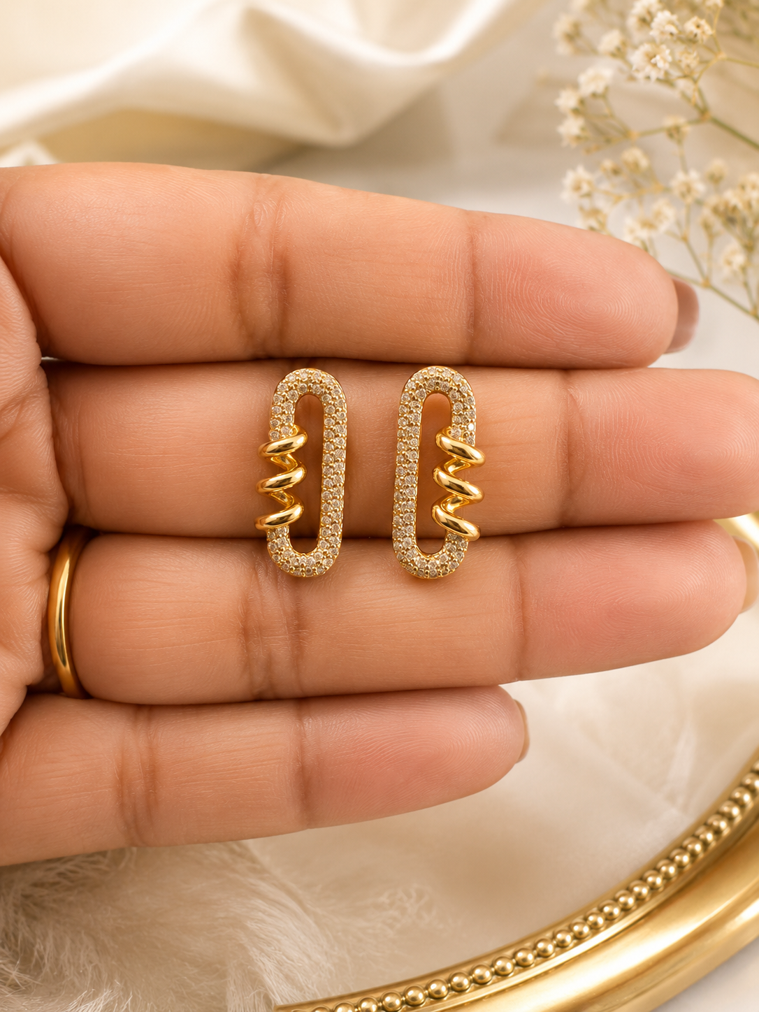 Oval CZ Link Stud Earrings