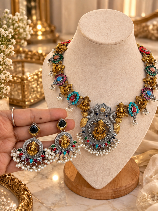 Temple Design Oxidised Necklace Set