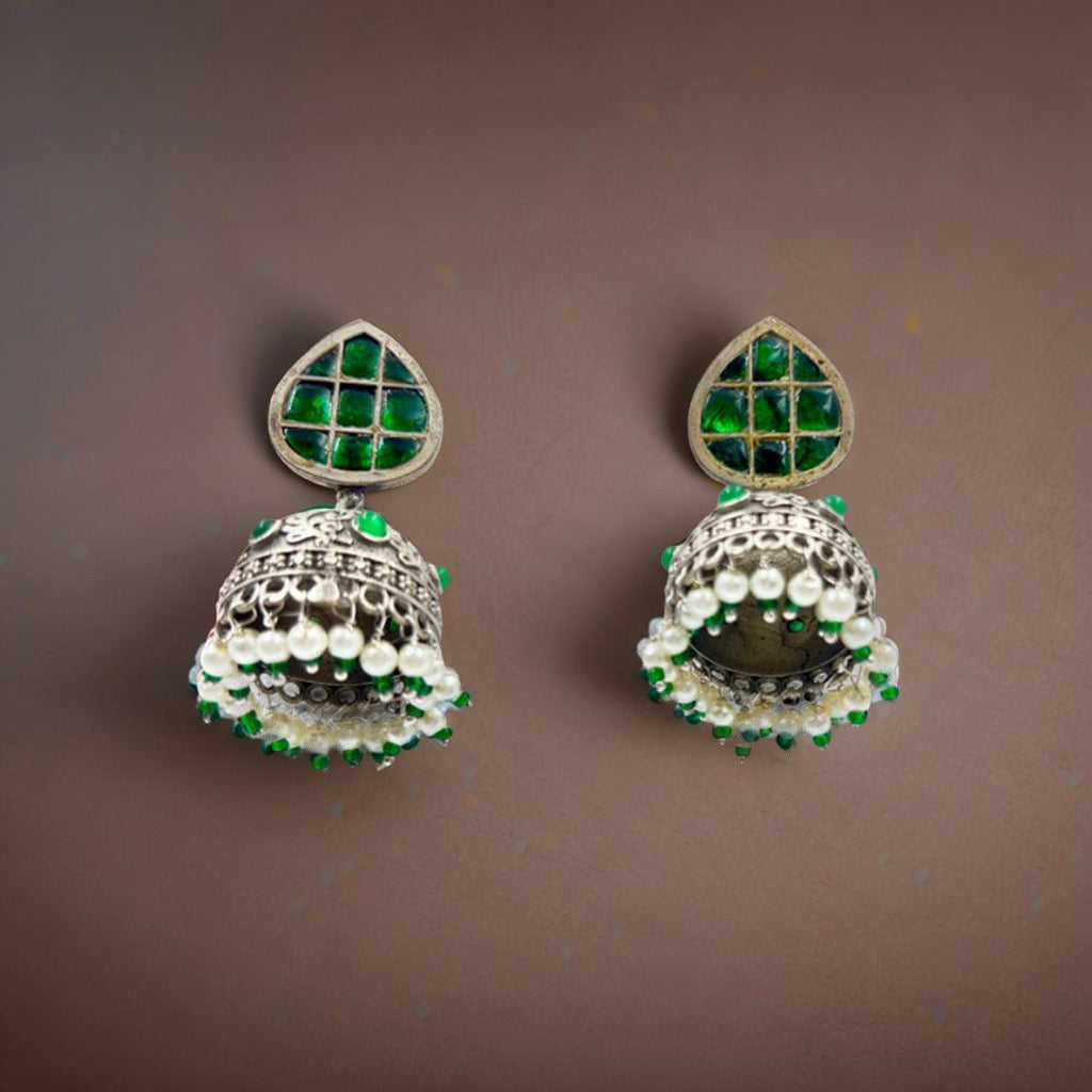Green Stone Oxidised Jhumkas