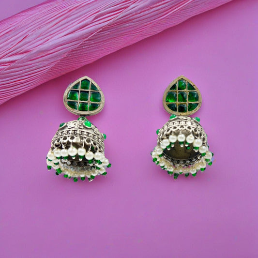 Arshiya Green Stone Studded Oxidized Jhumka Earrings