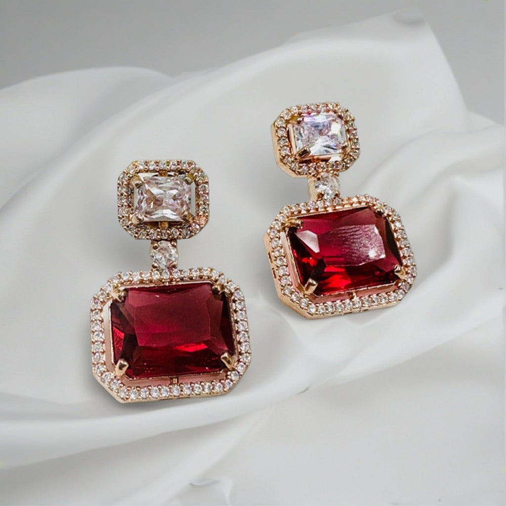 ELEGANT ROSE GOLD AND RUBY GLASS STONE STUDDED EARRING