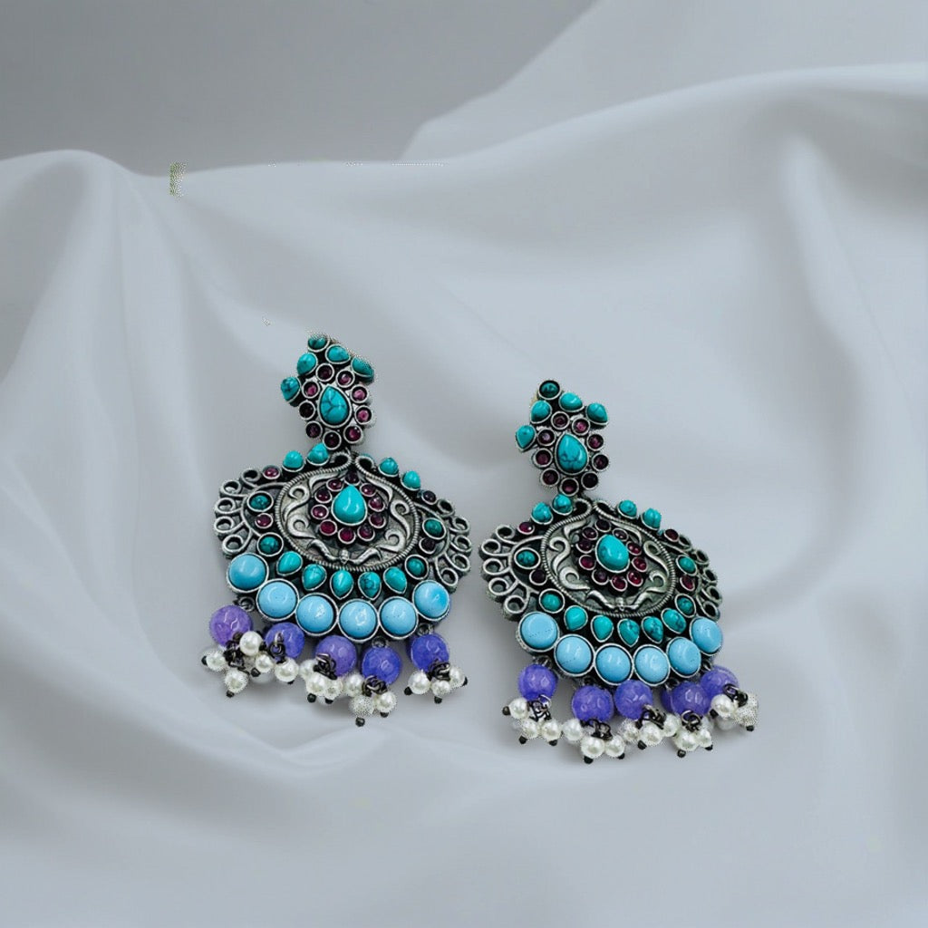 Turquoise Pearl Oxidised Dangle Earrings