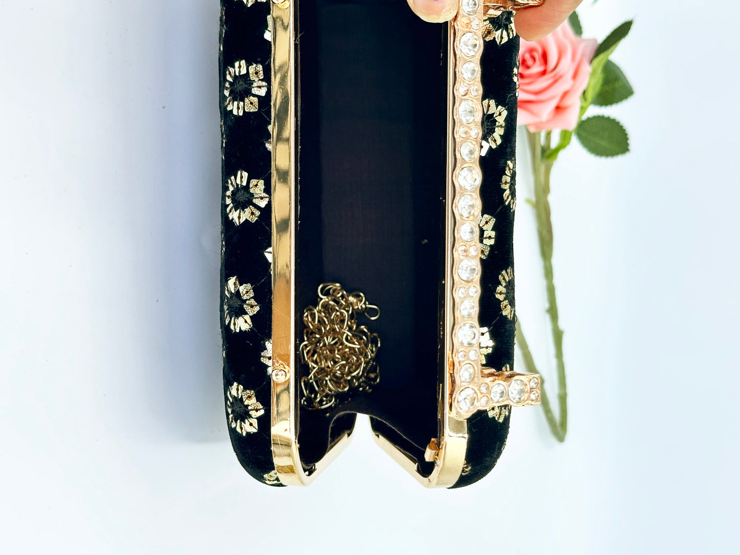 Luxury Black Velvet Clutch with Gold Embroidery & Crystal-Studded Handle – Evening & Party Bag
