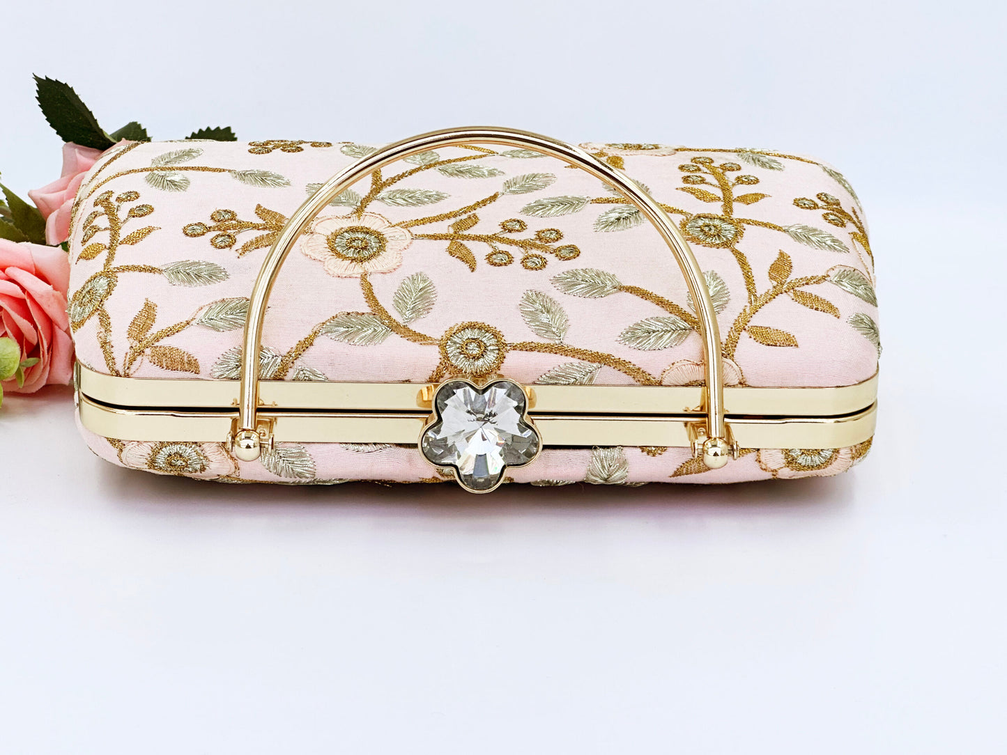 Blush Pink Clutch with Gold Floral Embroidery – Wedding & Party Handbag