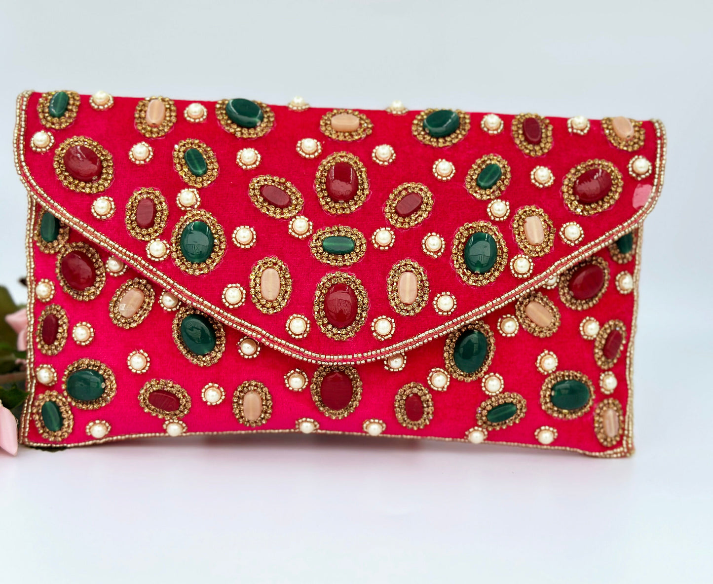 Luxury Dark Pink Velvet Envelope Clutch with Stone & Pearl Embellishments – Wedding & Party Bag