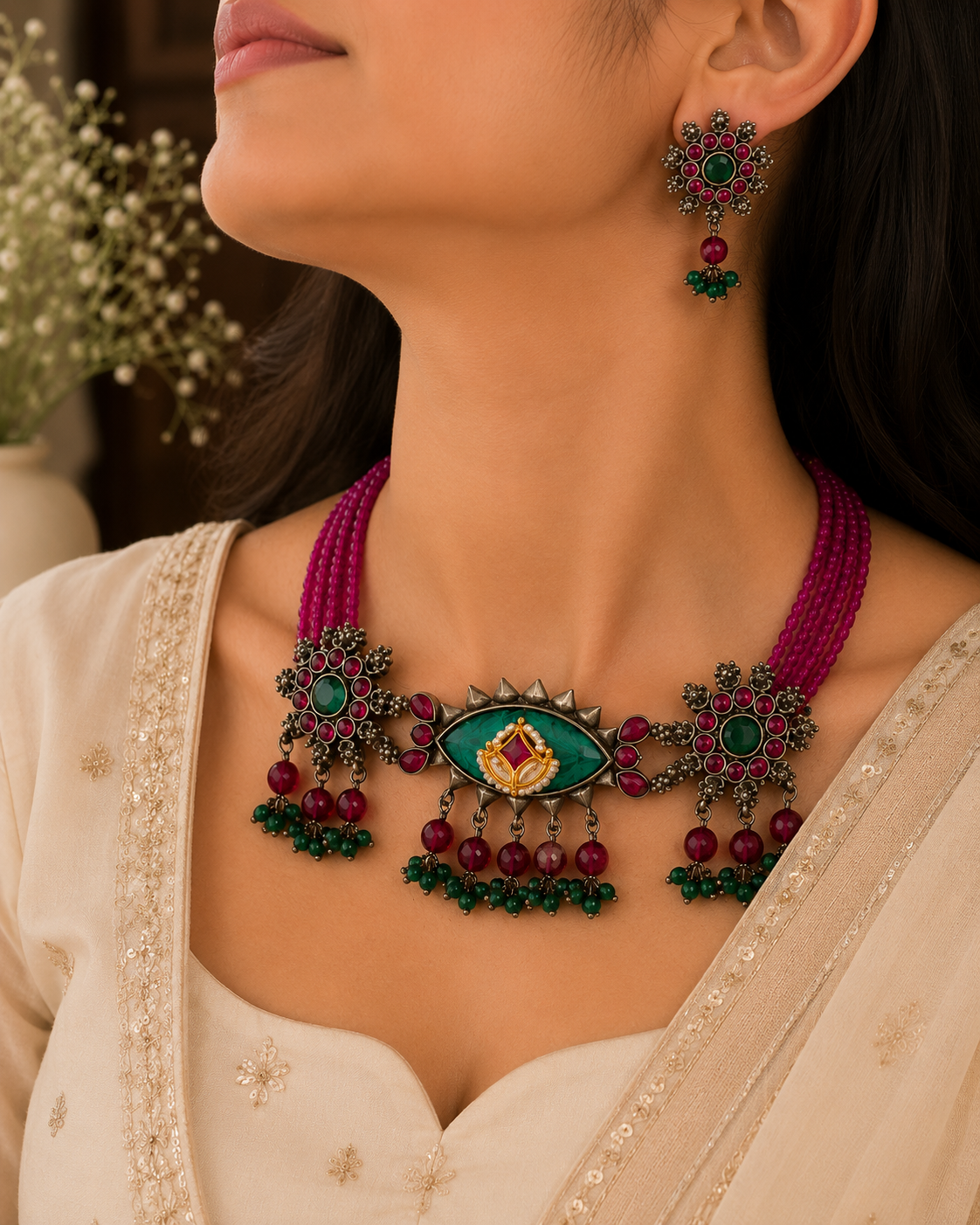 Kundan Eye Bead Necklace Set