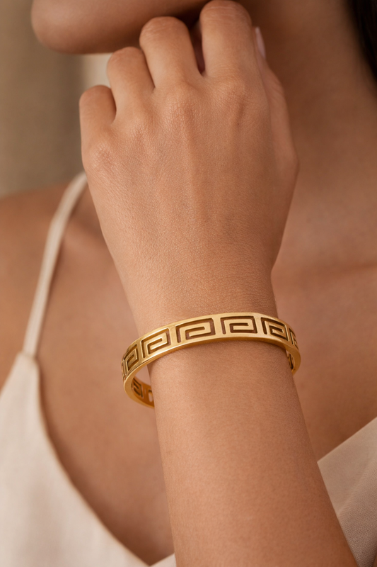 Gold Plated Greek Key Bangle Bracelet for Women | Anti-Tarnish Minimal Statement Jewelry