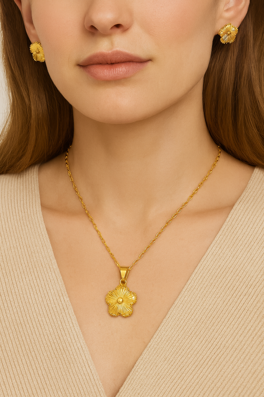 Gold Floral Pendant Set