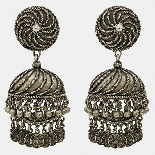 Traditional Oxidised Silver Dome Jhumka Earrings with Coin Danglers – Ethnic Festival & Party Jewelry