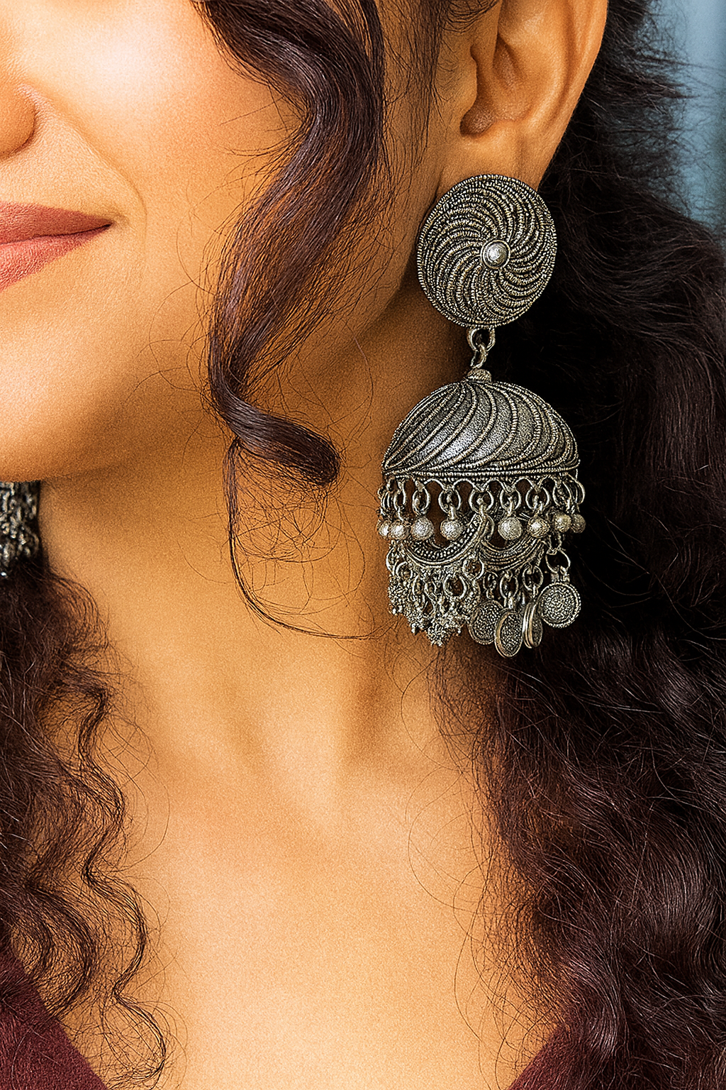 Silver Dome Jhumka Earrings