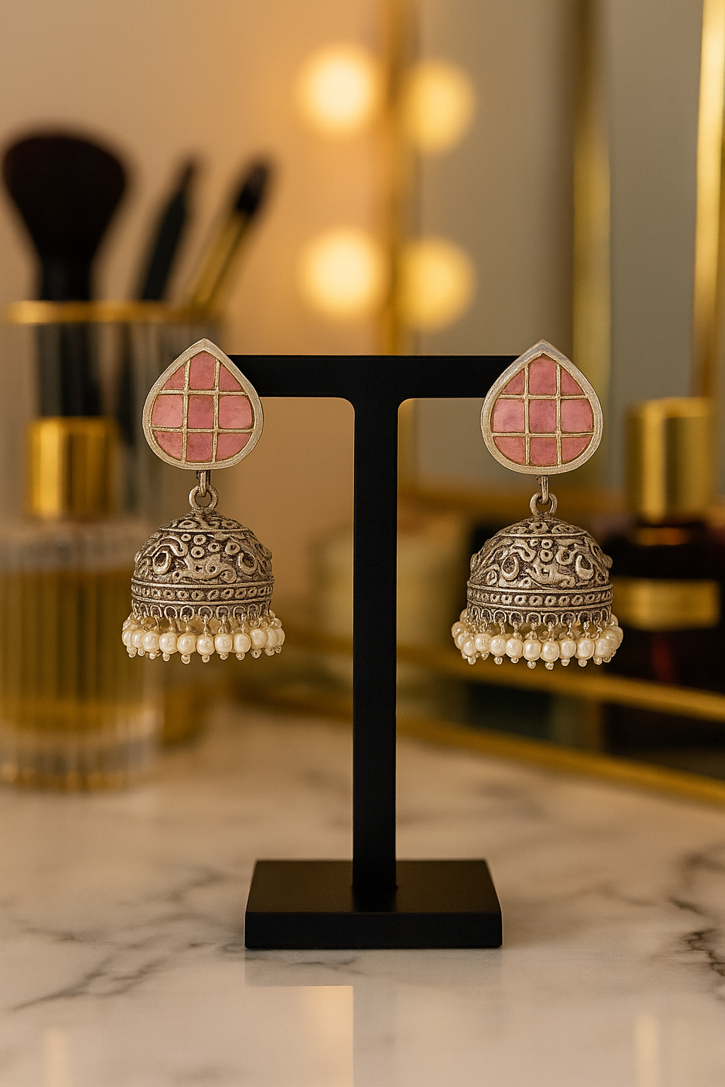 Pink Stone Pearl Jhumkas