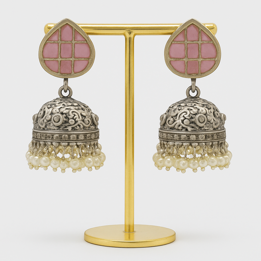 Oxidised Silver Jhumka Earrings with Pink Stone Studs & Pearl Danglers – Ethnic Party Jewelry