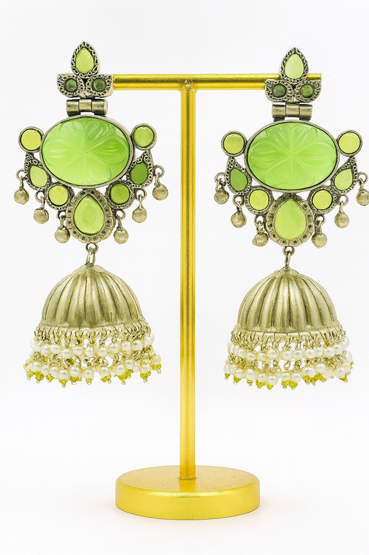 Oxidised Silver Green Stone Jhumka Earrings with Pearl Danglers – Traditional Ethnic Jewelry