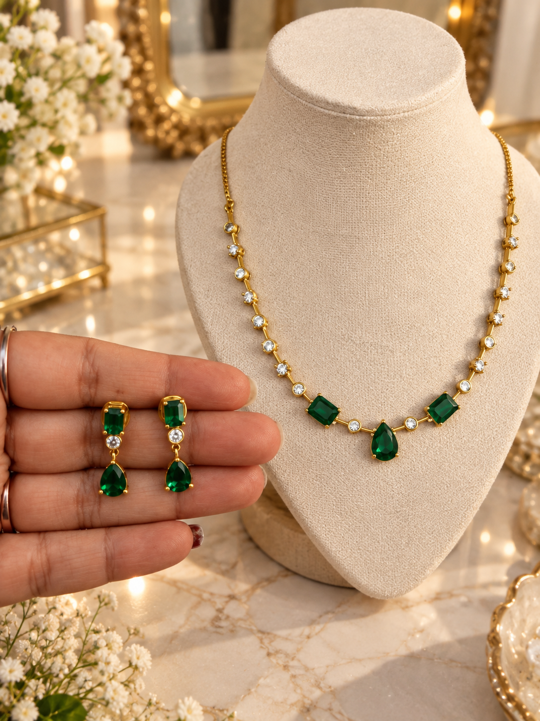 Emerald Drop Chain Necklace Set