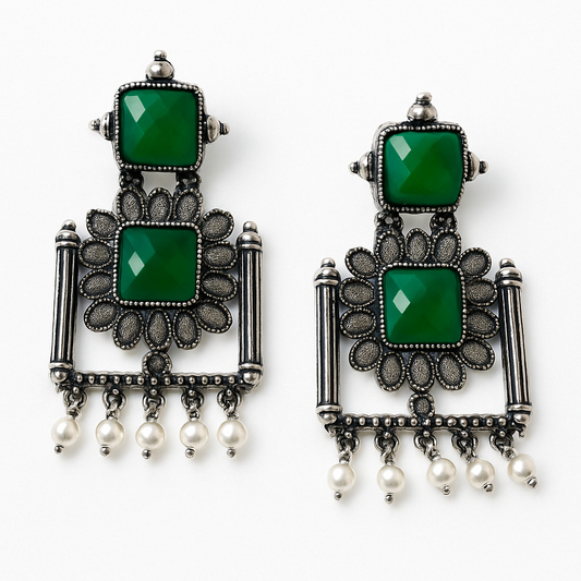 Elegant Green Stone Oxidized Earrings